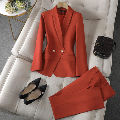 Dames Blazer Getailleerd met Dubbele Knopenrij en V-hals Oranje Blazer en broek