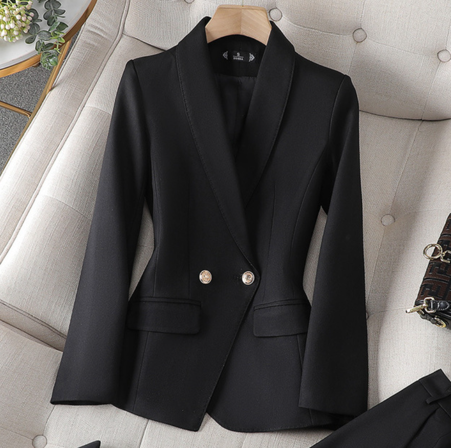 Dames Blazer Getailleerd met Dubbele Knopenrij en V-hals Zwart Blazer