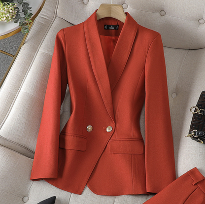 Dames Blazer Getailleerd met Dubbele Knopenrij en V-hals Oranje Blazer