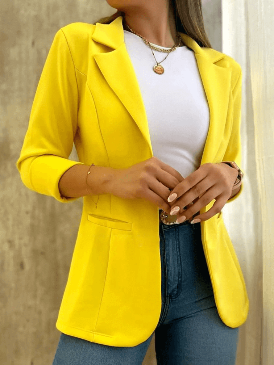 Dames Blazer met Reverskraag en Driekwart Mouwen Open Voorkant Geel