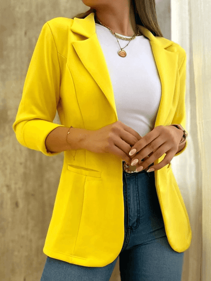 Dames Blazer met Reverskraag en Driekwart Mouwen Open Voorkant Geel
