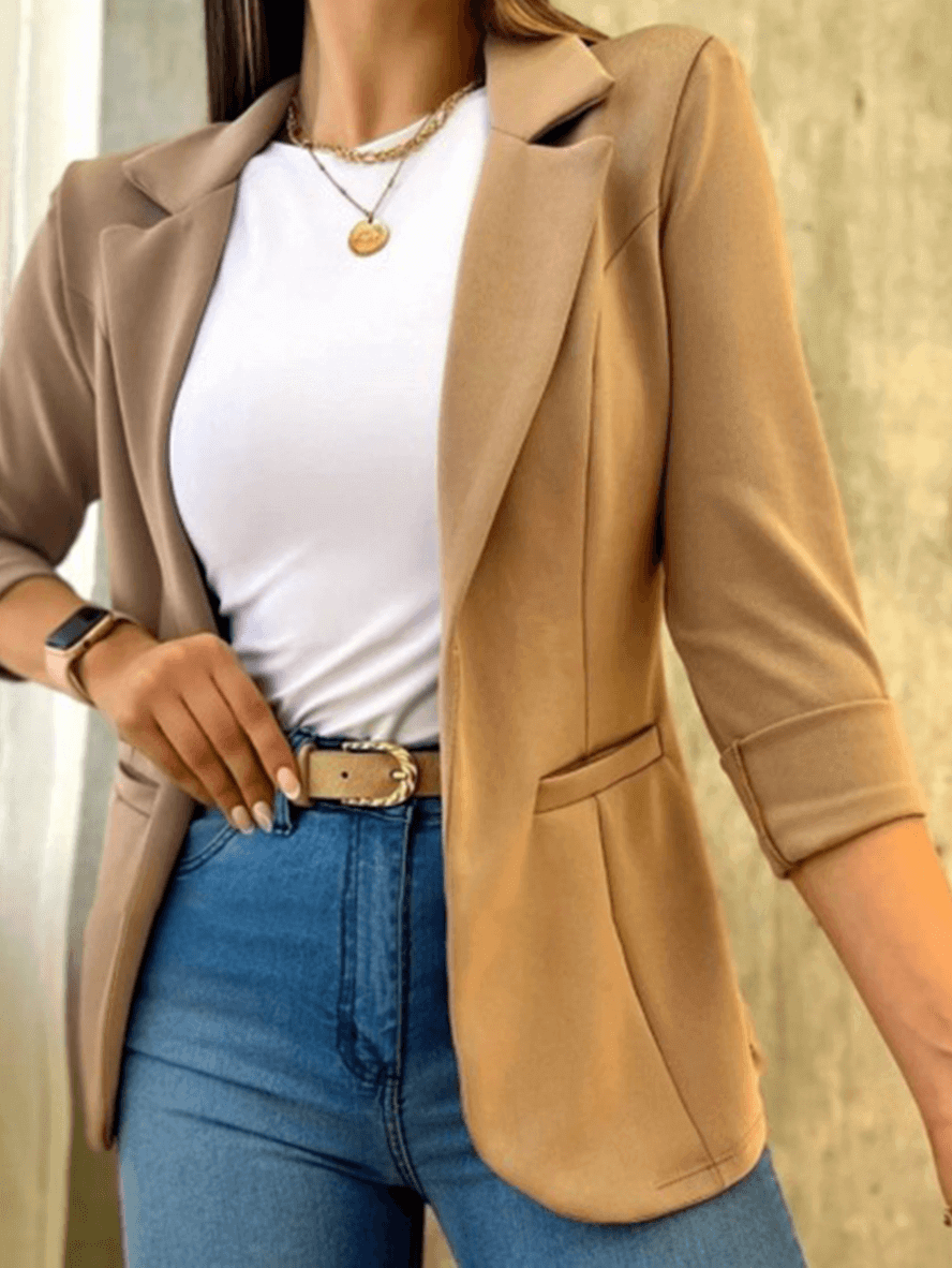 Dames Blazer met Reverskraag en Driekwart Mouwen Open Voorkant Beige