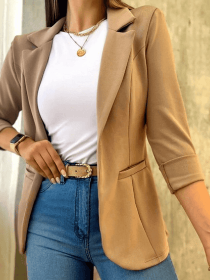 Dames Blazer met Reverskraag en Driekwart Mouwen Open Voorkant Beige