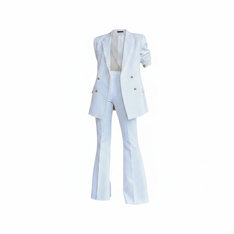 Dames Blazer Set met Flared Broek Dubbele Rij Knopen en Lange Mouw