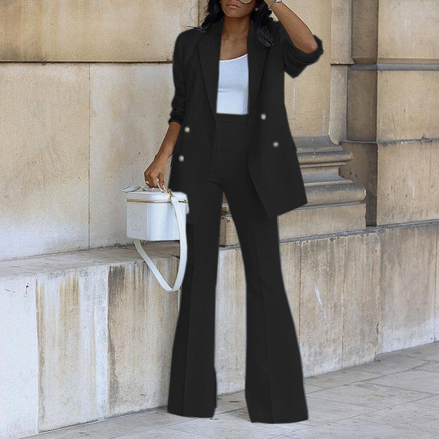 Dames Blazer Set met Flared Broek Dubbele Rij Knopen en Lange Mouw Zwart