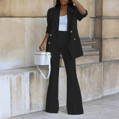 Dames Blazer Set met Flared Broek Dubbele Rij Knopen en Lange Mouw Zwart