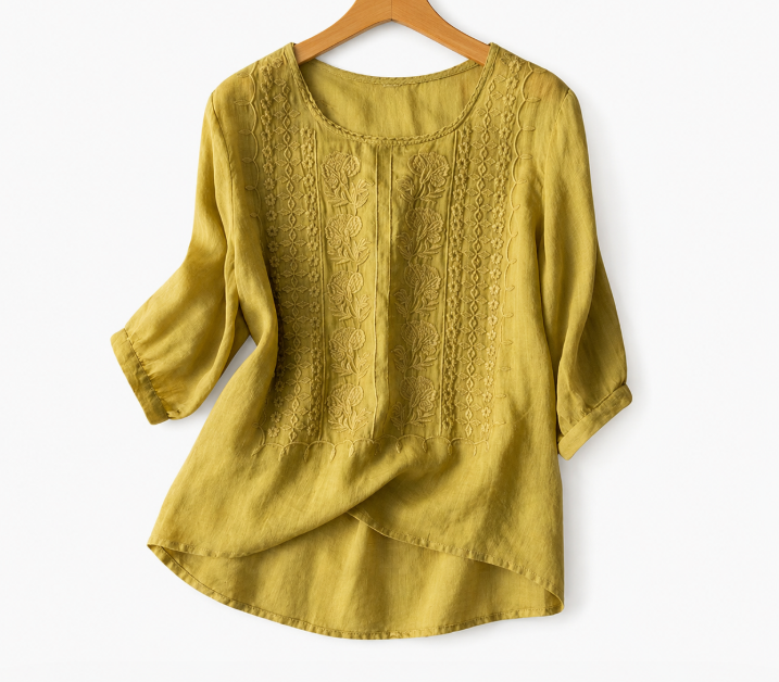 Dames Blouse Driekwart Mouw met Geborduurde Voorkant en Ronde Hals Geelgroen
