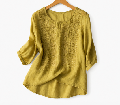 Dames Blouse Driekwart Mouw met Geborduurde Voorkant en Ronde Hals Geelgroen