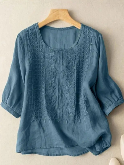 Dames Blouse Driekwart Mouw met Geborduurde Voorkant en Ronde Hals