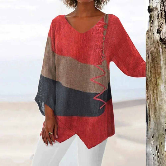 Dames Blouse Driekwart Mouw met V-hals en Kleurblok Dessin Rood