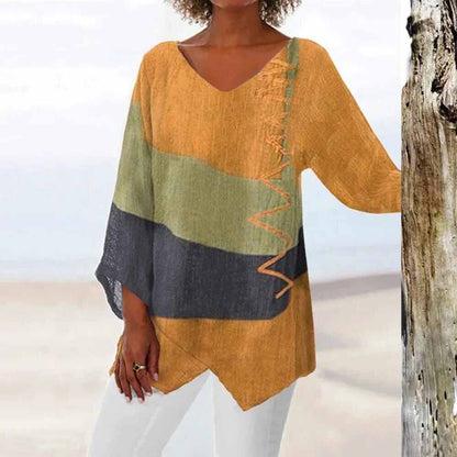 Dames Blouse Driekwart Mouw met V-hals en Kleurblok Dessin Geel