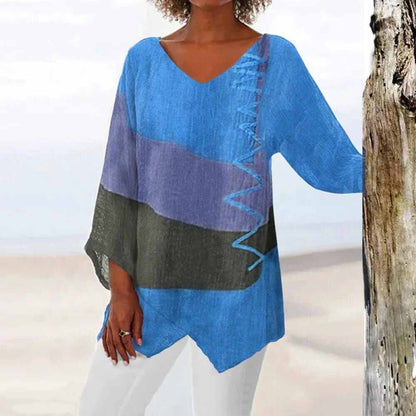Dames Blouse Driekwart Mouw met V-hals en Kleurblok Dessin Blauw