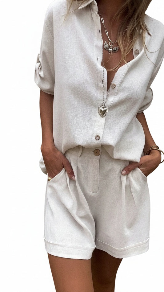 Dames Blouse en Shorts Set met Knoopsluiting en Opgerolde Mouwen
