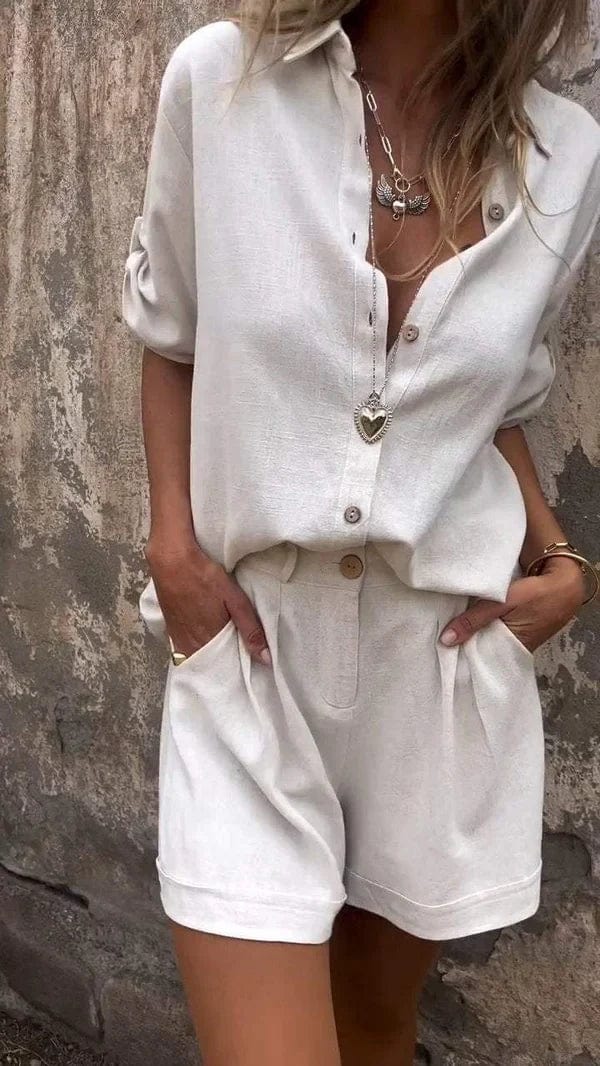 Dames Blouse en Shorts Set met Knoopsluiting en Opgerolde Mouwen Wit