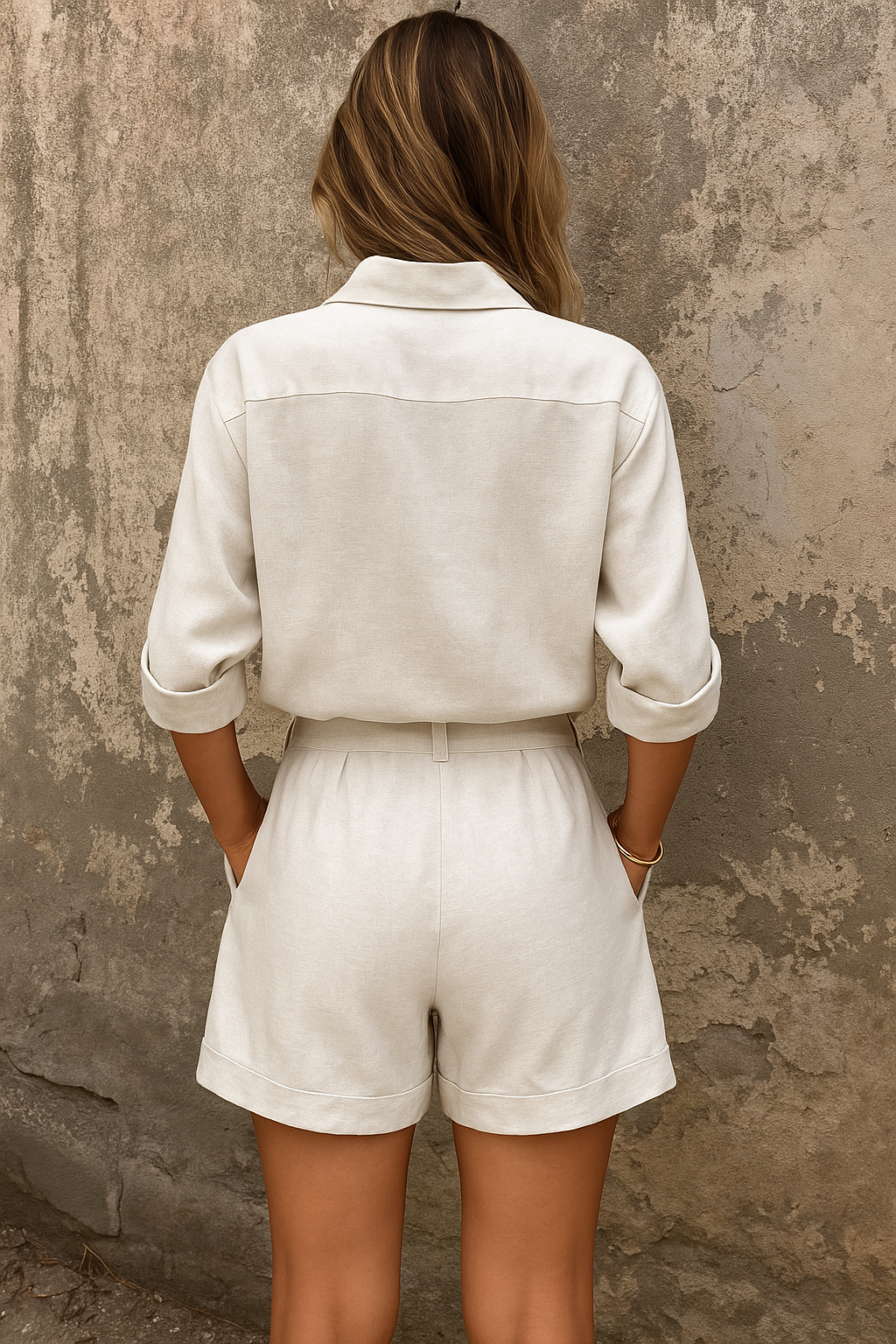 Dames Blouse en Shorts Set met Knoopsluiting en Opgerolde Mouwen