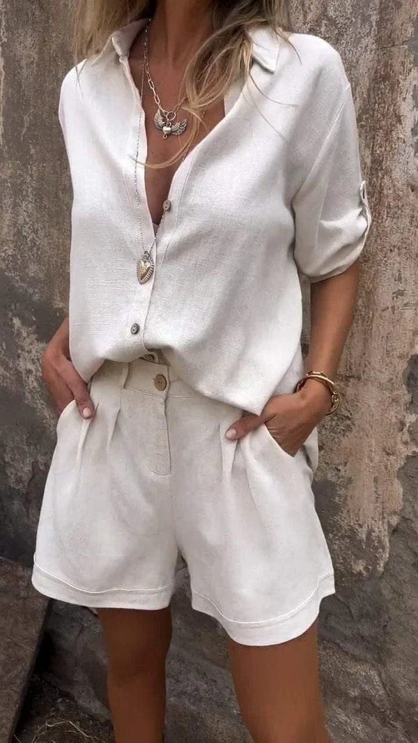 Dames Blouse en Shorts Set met Knoopsluiting en Opgerolde Mouwen