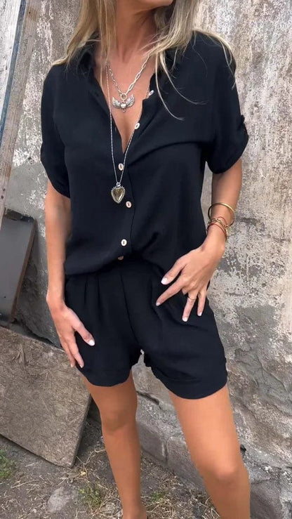 Dames Blouse en Shorts Set met Knoopsluiting en Opgerolde Mouwen Zwart