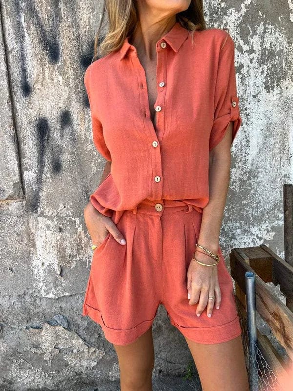 Dames Blouse en Shorts Set met Knoopsluiting en Opgerolde Mouwen Rood Oranje