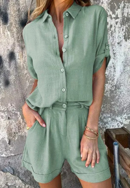 Dames Blouse en Shorts Set met Knoopsluiting en Opgerolde Mouwen Groen