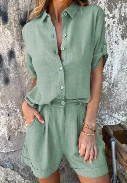 Dames Blouse en Shorts Set met Knoopsluiting en Opgerolde Mouwen Groen