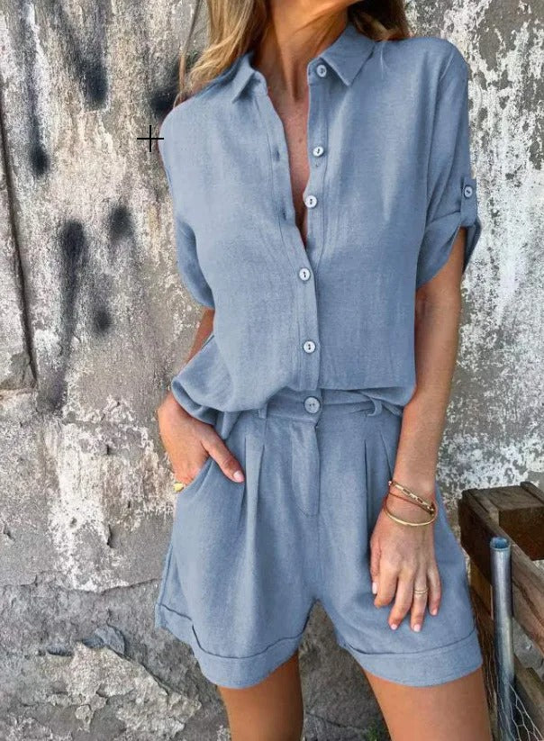 Dames Blouse en Shorts Set met Knoopsluiting en Opgerolde Mouwen Blauw