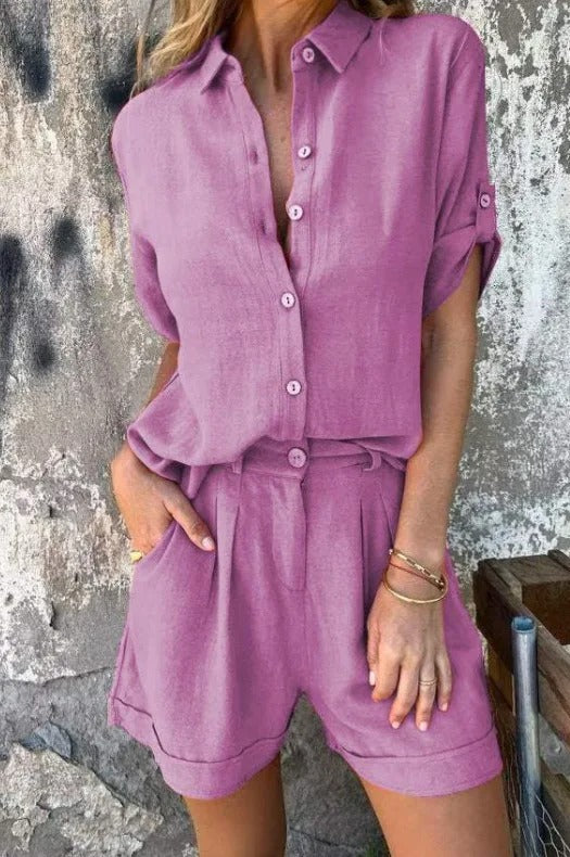 Dames Blouse en Shorts Set met Knoopsluiting en Opgerolde Mouwen Roze