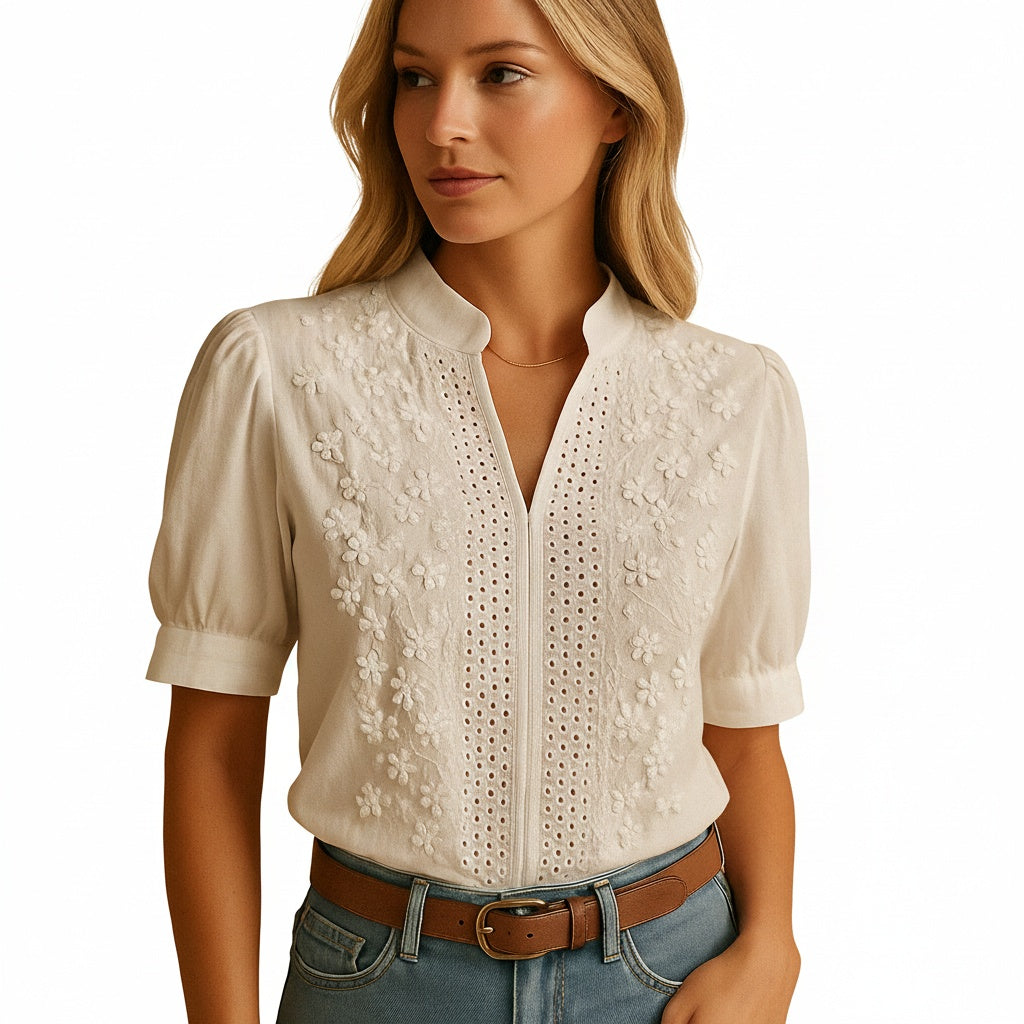 Dames Blouse Korte Mouw met Bloemborduursel en V-hals