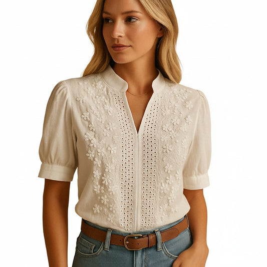 Dames Blouse Korte Mouw met Bloemborduursel en V-hals