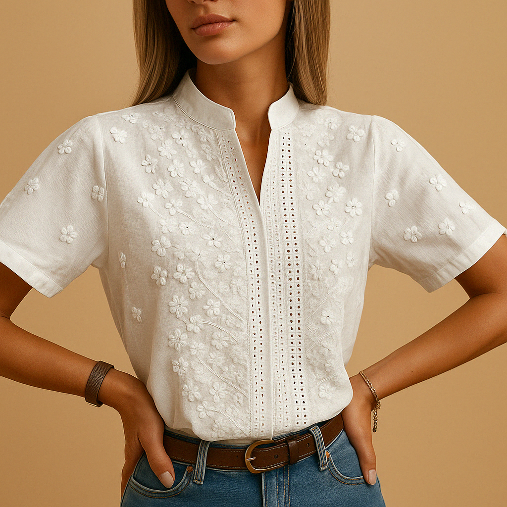 Dames Blouse Korte Mouw met Bloemborduursel en V-hals