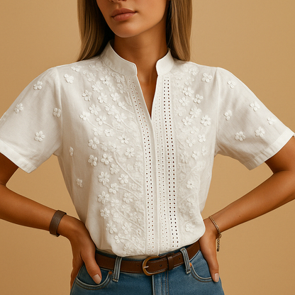 Dames Blouse Korte Mouw met Bloemborduursel en V-hals