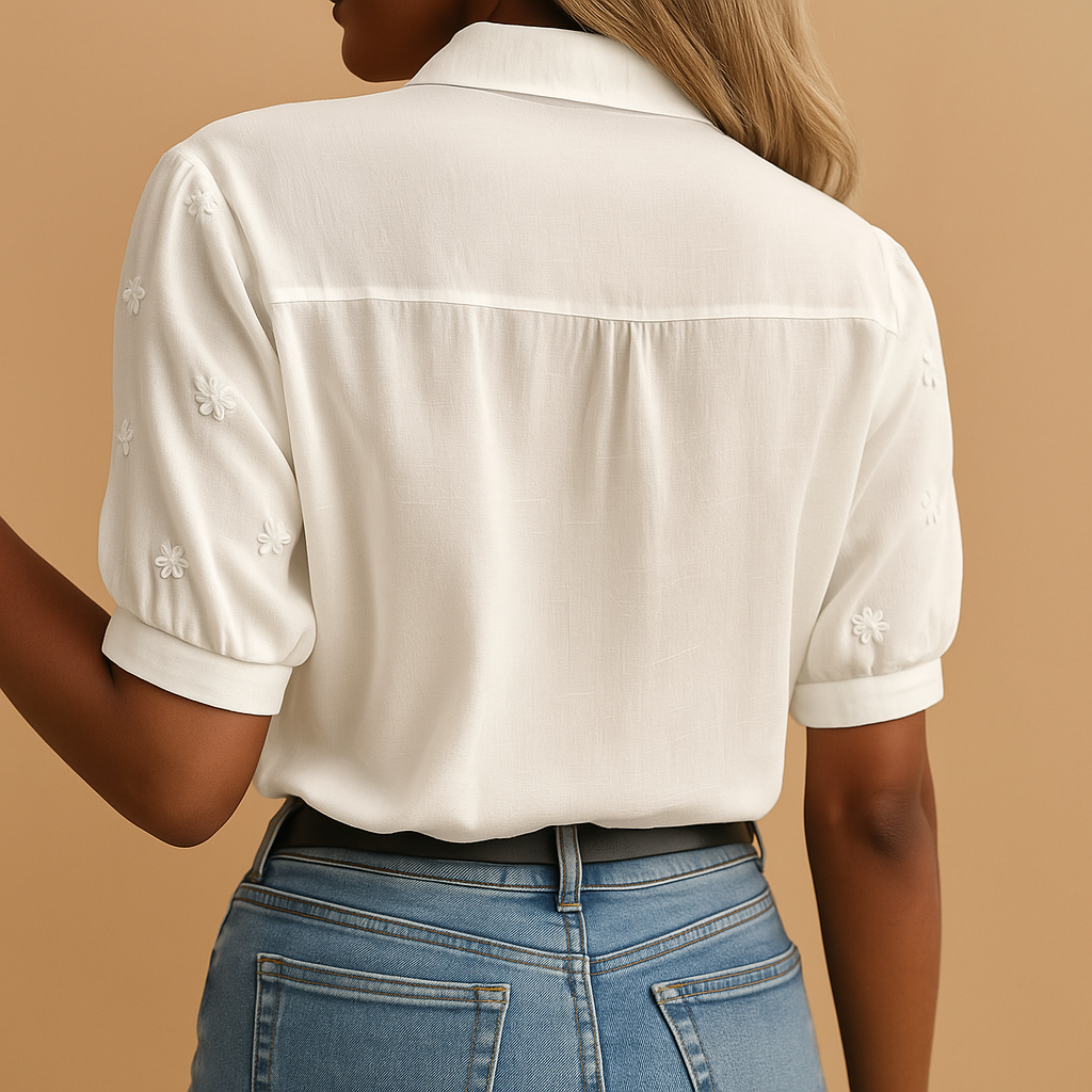 Dames Blouse Korte Mouw met Bloemborduursel en V-hals