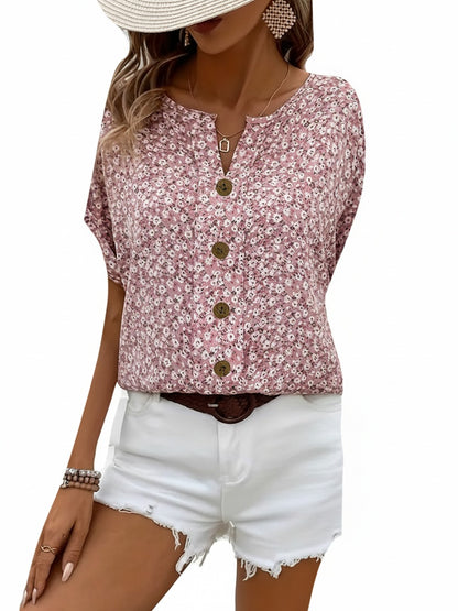 Dames Blouse Korte Mouw met Bloemenprint en Knoopsluiting