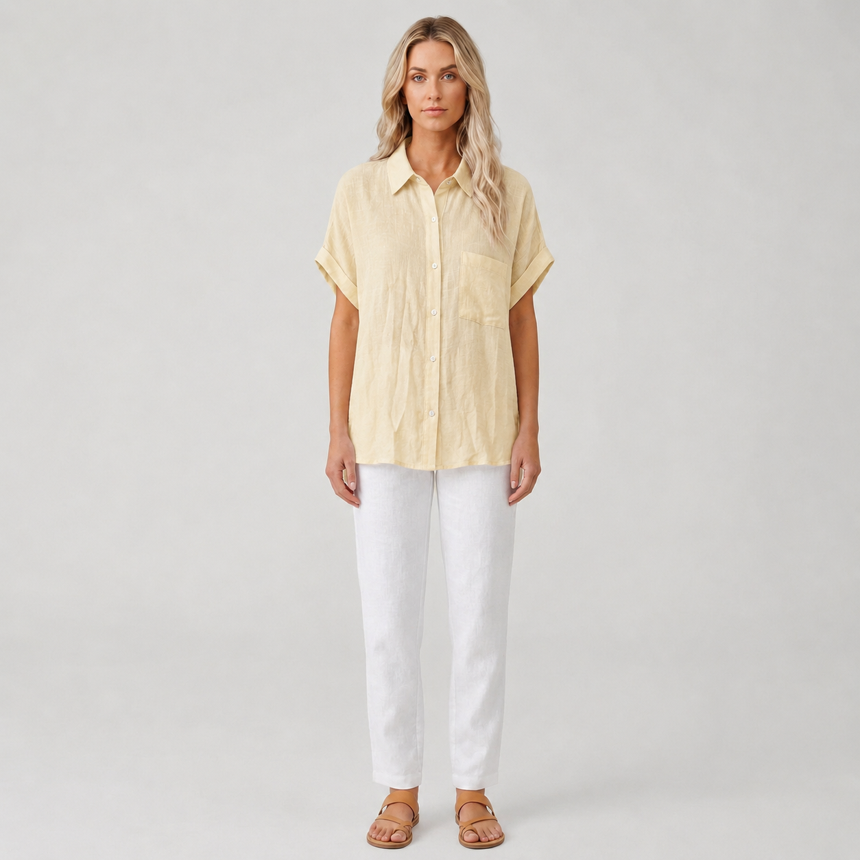 Dames Blouse Korte Mouw met Klassieke Kraag en Knoopsluiting Beige