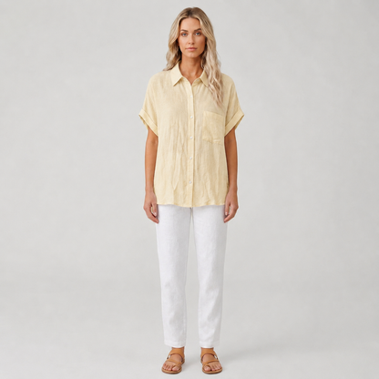 Dames Blouse Korte Mouw met Klassieke Kraag en Knoopsluiting Beige