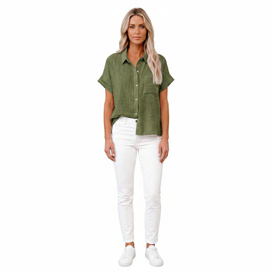 Dames Blouse Korte Mouw met Klassieke Kraag en Knoopsluiting