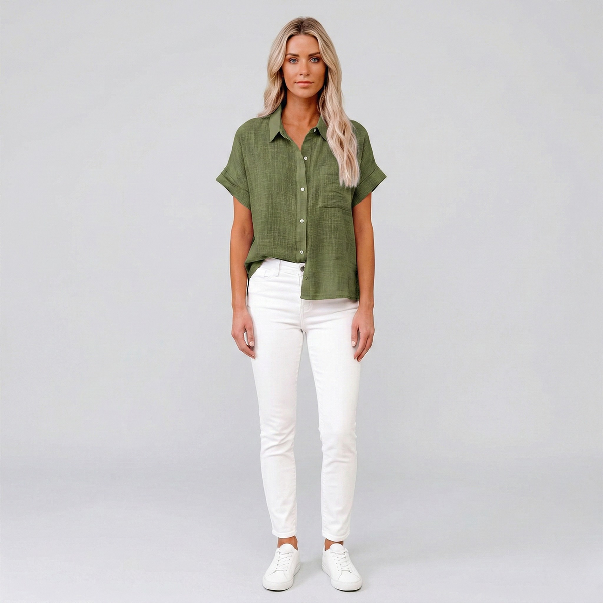 Dames Blouse Korte Mouw met Klassieke Kraag en Knoopsluiting Groen