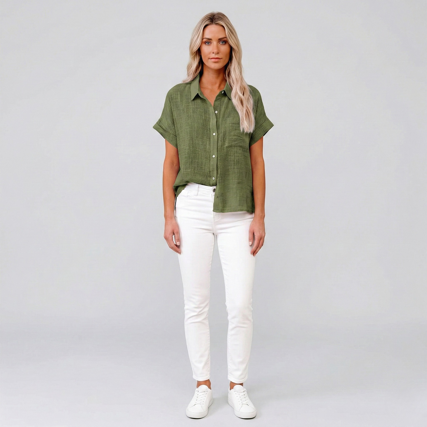 Dames Blouse Korte Mouw met Klassieke Kraag en Knoopsluiting Groen
