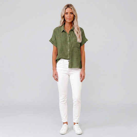 Dames Blouse Korte Mouw met Klassieke Kraag en Knoopsluiting Groen