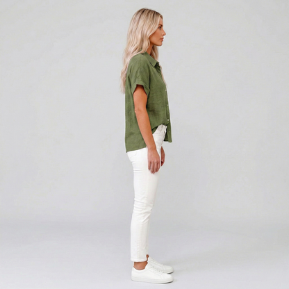 Dames Blouse Korte Mouw met Klassieke Kraag en Knoopsluiting