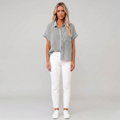 Dames Blouse Korte Mouw met Klassieke Kraag en Knoopsluiting Grijs