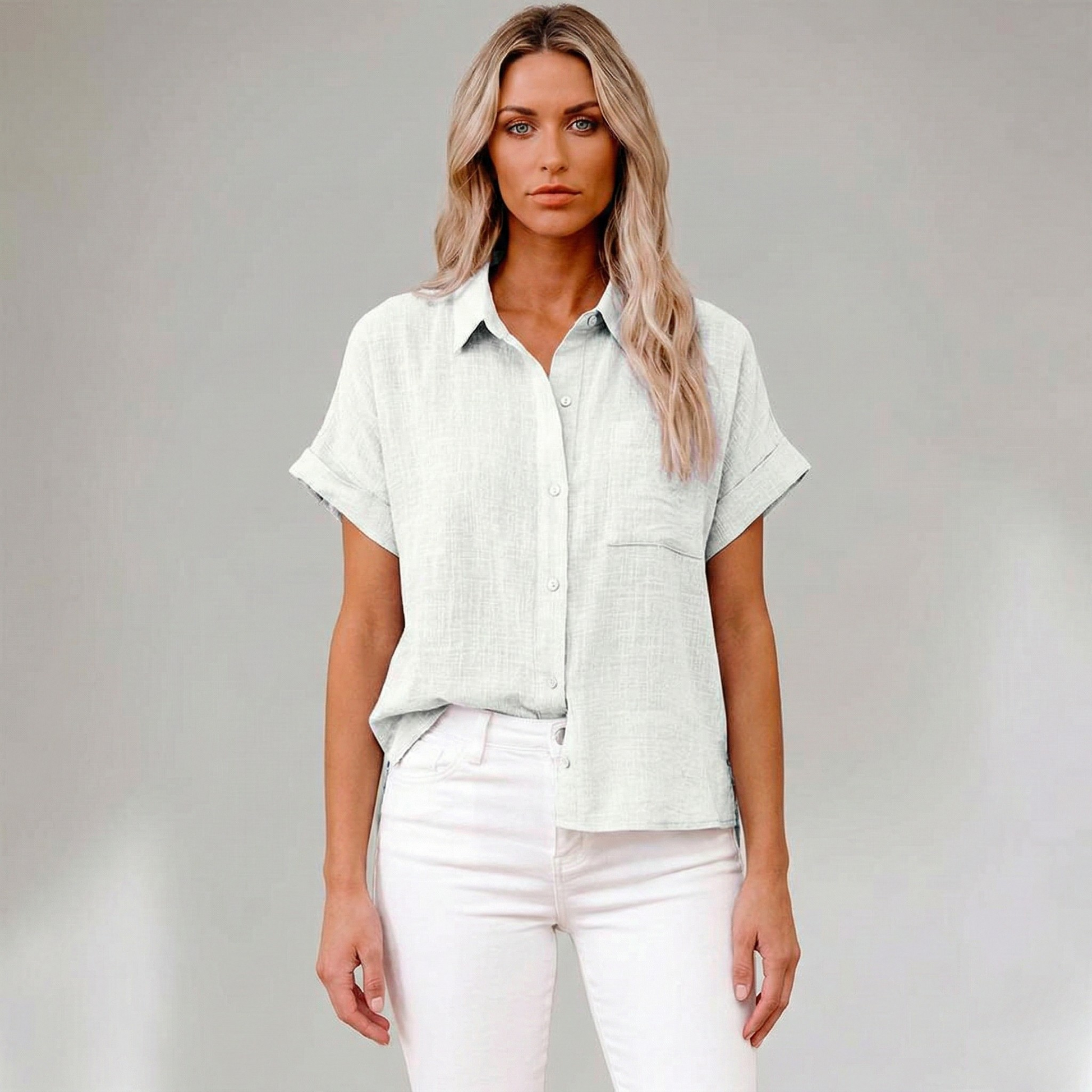 Dames Blouse Korte Mouw met Klassieke Kraag en Knoopsluiting Wit