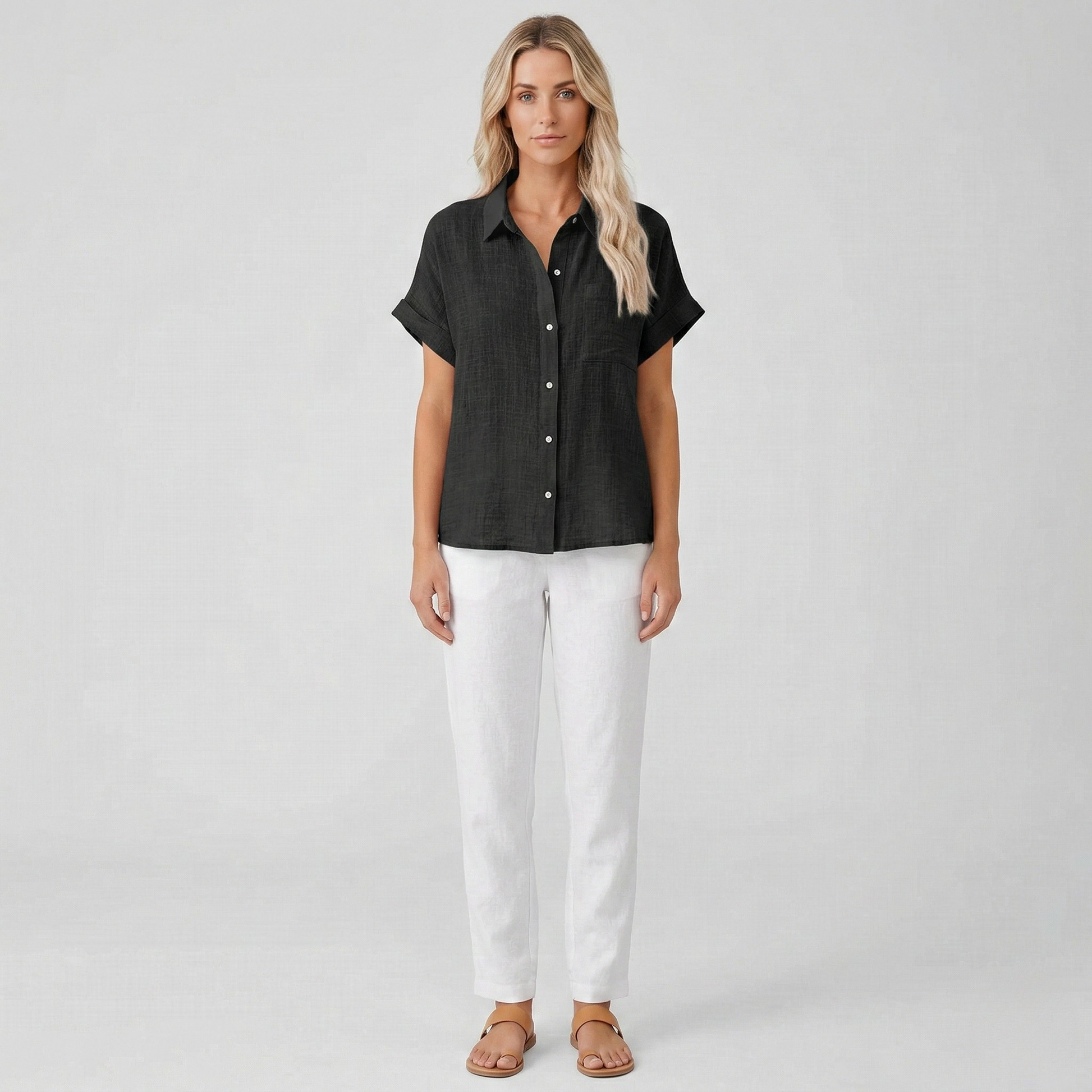 Dames Blouse Korte Mouw met Klassieke Kraag en Knoopsluiting Zwart
