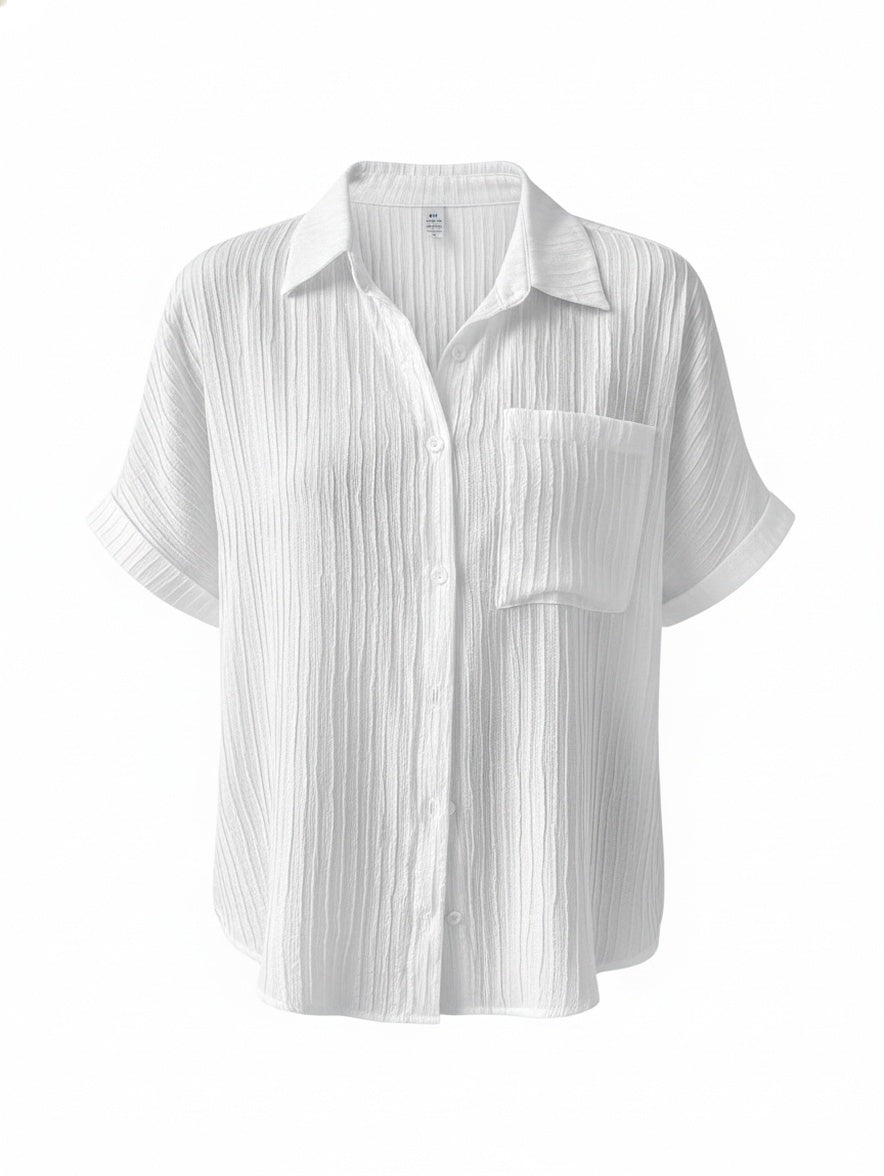 Dames Blouse Korte Mouw met Knoopsluiting en Borstzakje Oversized