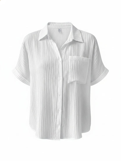 Dames Blouse Korte Mouw met Knoopsluiting en Borstzakje Oversized