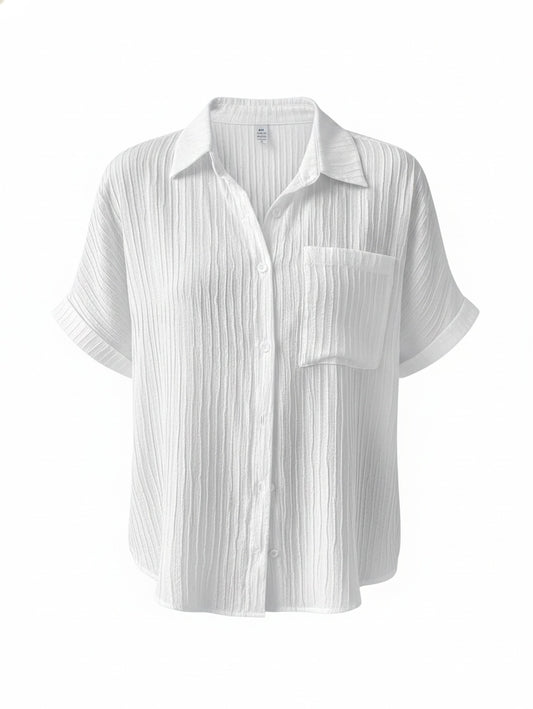Dames Blouse Korte Mouw met Knoopsluiting en Borstzakje Oversized