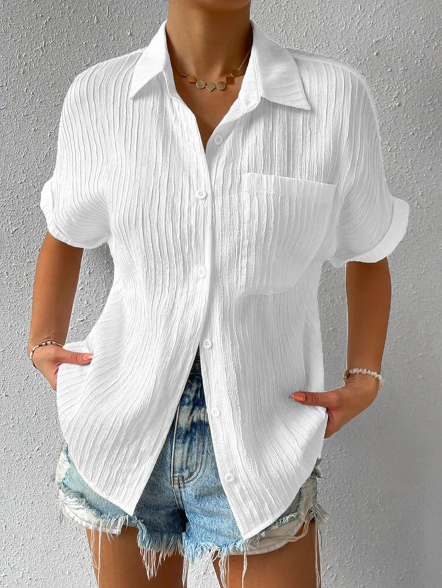 Dames Blouse Korte Mouw met Knoopsluiting en Borstzakje Oversized Wit