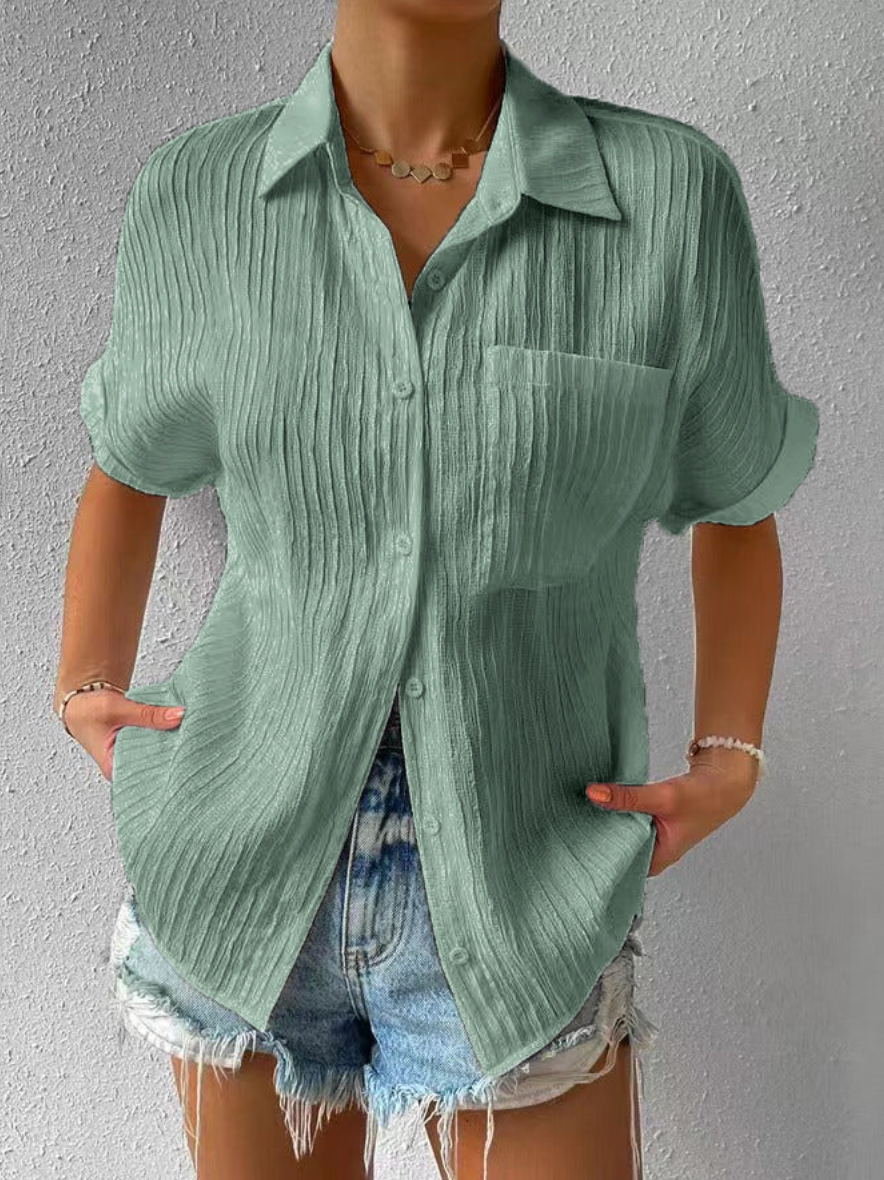 Dames Blouse Korte Mouw met Knoopsluiting en Borstzakje Oversized Groen