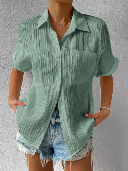 Dames Blouse Korte Mouw met Knoopsluiting en Borstzakje Oversized Groen