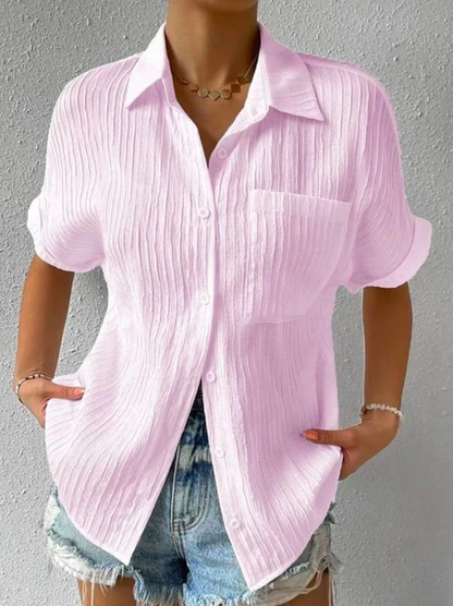 Dames Blouse Korte Mouw met Knoopsluiting en Borstzakje Oversized Roze