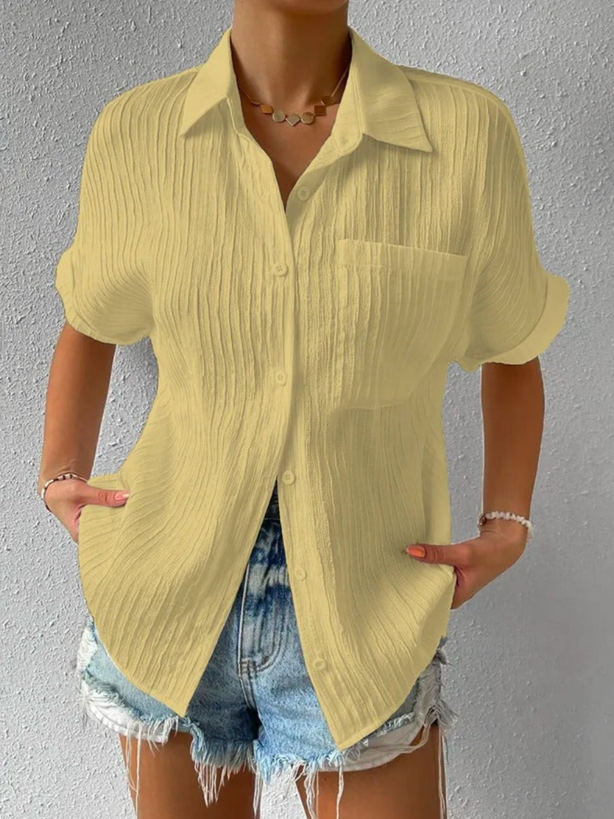 Dames Blouse Korte Mouw met Knoopsluiting en Borstzakje Oversized Geel